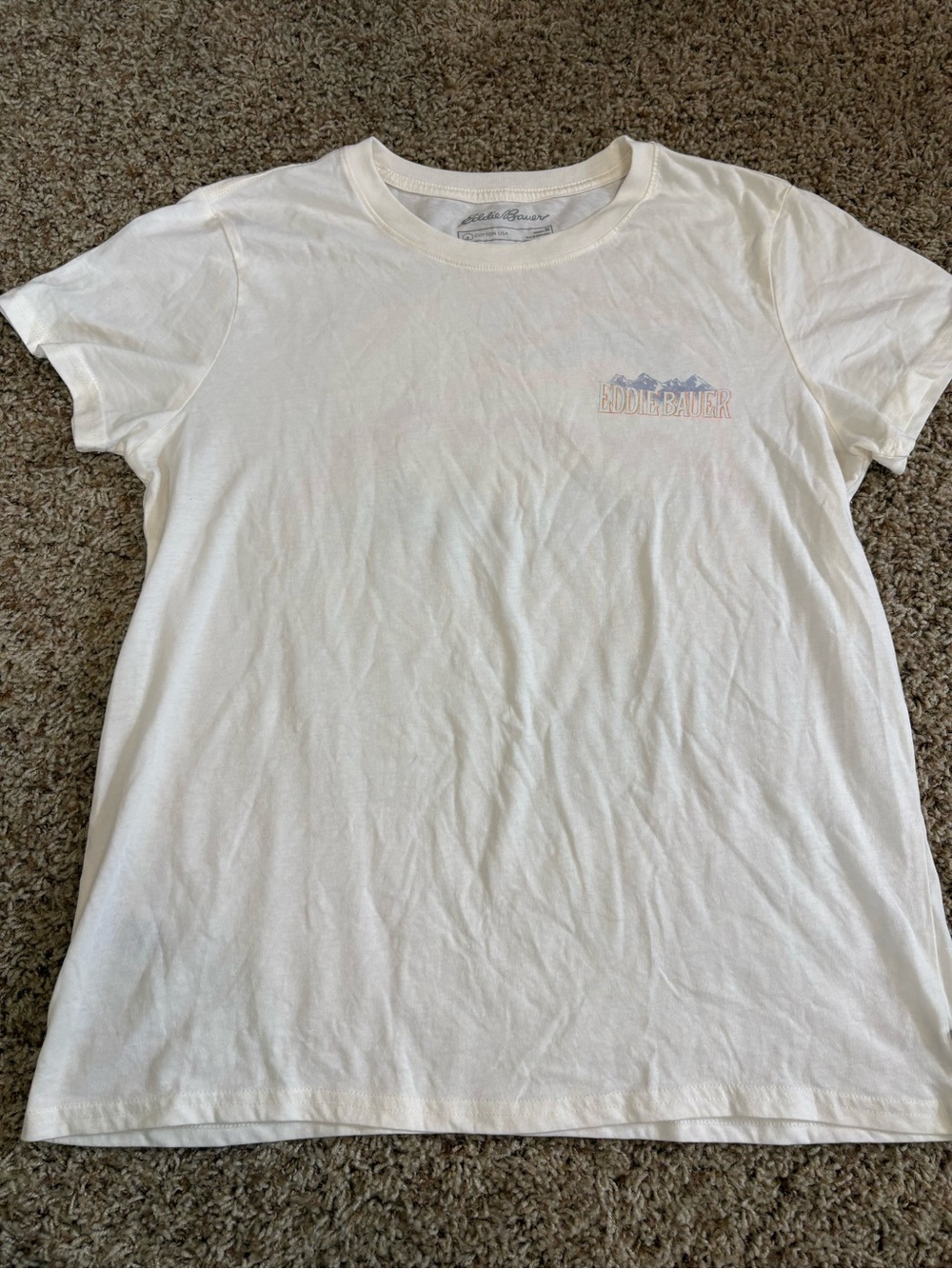 Eddie Bauer women’s size medium White Short-Sleeve Tee with Mountain Sunset Logo